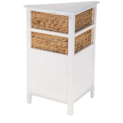 White Wooden Corner Cabinet with 2 Basket Weave Drawers and 2 Door Bottom Storages
