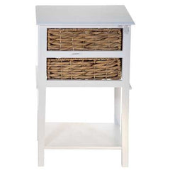White Wooden Side Table with 2  Basket Weave Drawers and Bottom Shelf