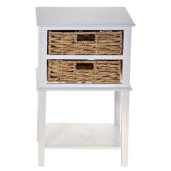 White Wooden Side Table with 2  Basket Weave Drawers and Bottom Shelf