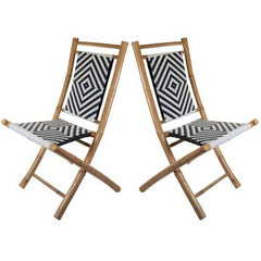 Set of 2 Foldable Armless Chairs in Solid Bamboo Frame with Blue and White Woven Seat