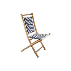 Set of 2 Foldable Armless Chairs in Solid Bamboo Frame with Blue and White Woven Seat