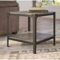 Set of 2 Modern Metal Frame End Table Nightstand in Driftwood Finish