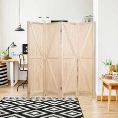 4 Panels Folding Wooden Room Divider-Natural